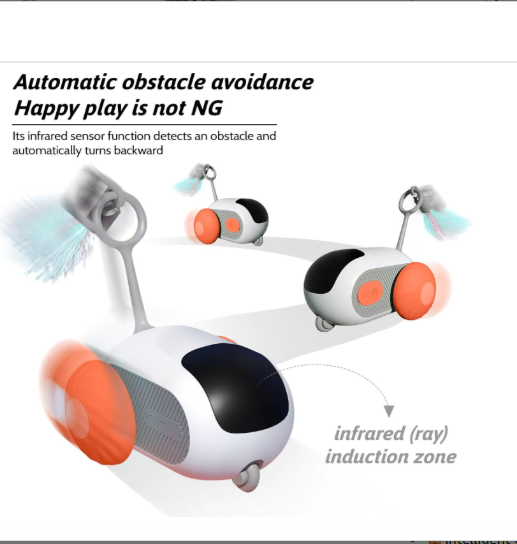 Amazon product page for a remote control smart electric cat toy with obstacle avoidance feature.